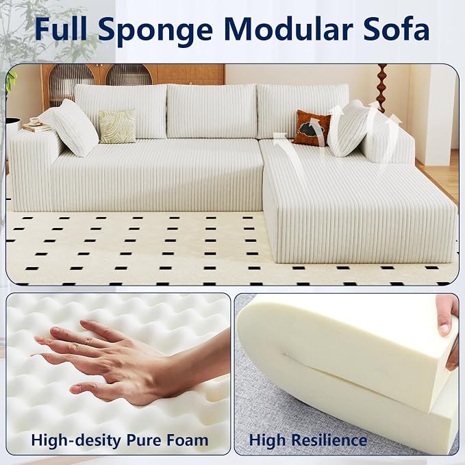 96" Modular Sectional Sofa, Modern Corduroy Cloud Couch with Deep Seat, Boneless Couch Upholstered 3-Seater L-Shaped Sofa for Living Room, No Assembly Required (White, Right-Facing Chaise)