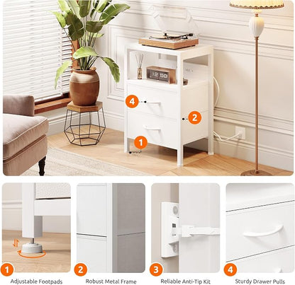 Lazzanto NightStand Bedside Charging Table Bedroom - Night Stand with Charger Station, White Modern Bed Side End Table with Open Shelf & 2 Fabric Drawers, USB-C Port & AC Outlets for Dorm, Living Room