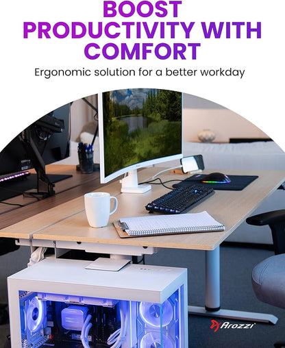 Arozzi Arena Nordico Gamer Desk – 55x27.6” Electric Standing Table – PC Gaming Desk with Storage for Cables - Dual Cable Baskets, Split Tabletop, Monitor Arm Friendly - Light Birch