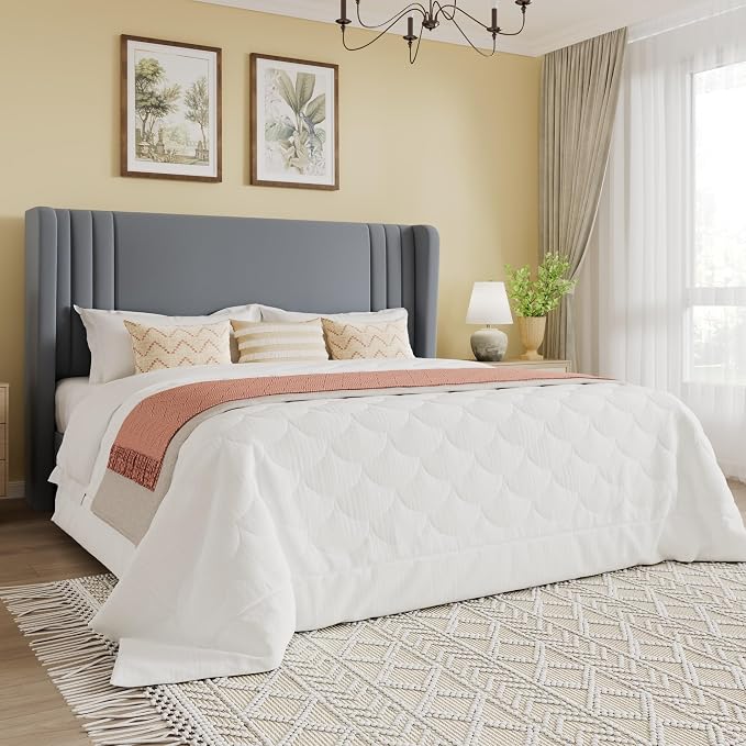 SHA CERLIN Queen Size Velvet Upholstered Platform Bed Frame with Vertical Channel Tufted Wingback Headboard, Wooden Slats Support, Easy Assembly, Under Bed Storage, No Box Spring Required, Grey