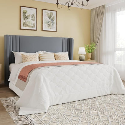 SHA CERLIN Full Size Velvet Upholstered Platform Bed Frame with Vertical Channel Tufted Wingback Headboard, Wooden Slats Support, Easy Assembly, Under Bed Storage, No Box Spring Required, Grey