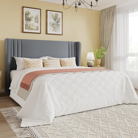 SHA CERLIN Full Size Velvet Upholstered Platform Bed Frame with Vertical Channel Tufted Wingback Headboard, Wooden Slats Support, Easy Assembly, Under Bed Storage, No Box Spring Required, Grey