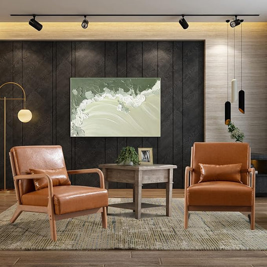 INZOY Mid-Century Modern Accent Chair Set of 2, PU Leather Reading Armchair with Waist Cushion, Upholstered Living Room Chairs for Bedroom Sunroom, Camel Set