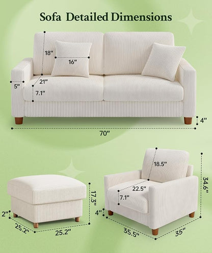 Welzona 70.2" Couches for Living Room, Comfy Sofa Set Tool-Free Setup, Corduroy Couch Set 7.1" Thicker Cushion, Accent Chair with Ottoman 848lbs Support, Sofas for Living Room Home Office, Beige