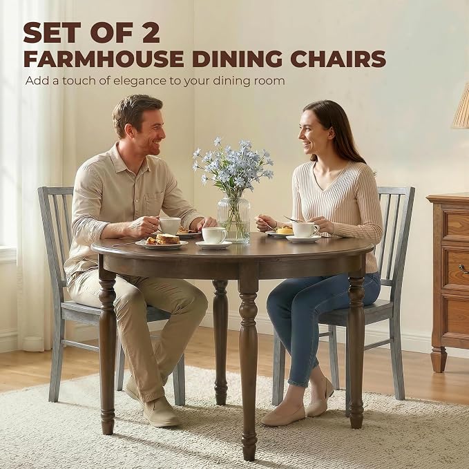 HOMCOM Farmhouse Dining Chairs Set of 2, Ergonomic Solid Wood Armless Kitchen Chairs with Rubberwood Legs for Dining Room, Kitchen, Rustic Gray