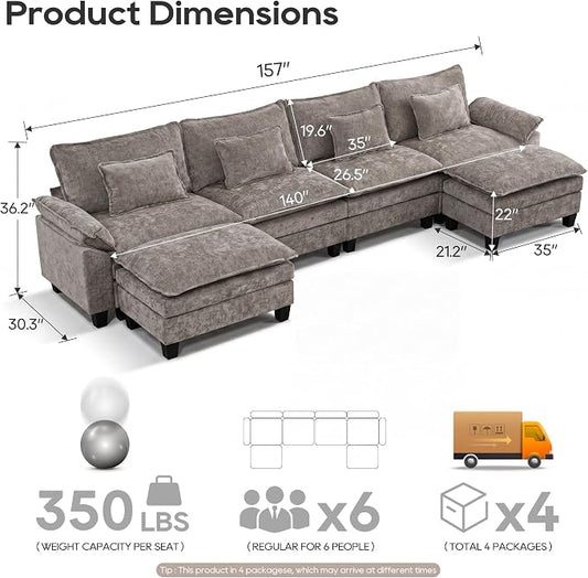 URRED Oversized Modular Sectional Sofa, 157" U Shaped Modern Comfy Cloud Couch with Movable Ottoman & Pillows, Deep Seat Couches for Living Room, Bedroom or Apartment (Chenille Gray, 157" U Shaped)