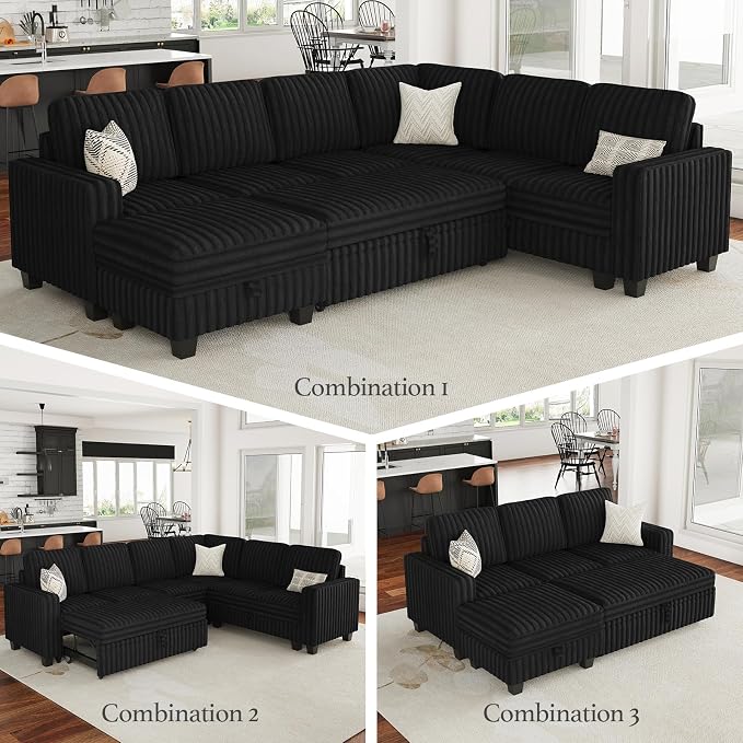 Belffin Modular Sectional Sofa with Storage Chaise Corduroy Sleeper Sofa with Pull Out Bed L Shaped Couch for Living Room. Apartment Couch. Black