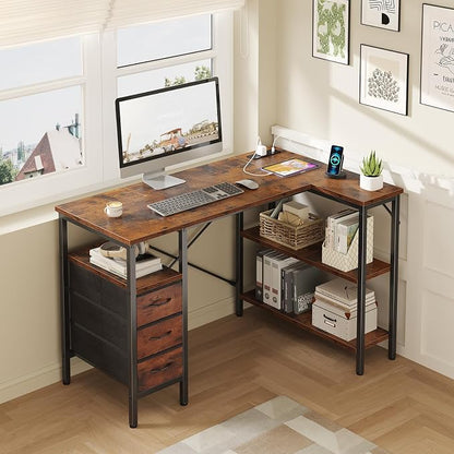 DUMOS L Shaped Desk with Shelf Drawers 47 Inch, Brown Corner Computer Desks Gaming with Power Outlet, Study Table with Adjustable Shelves, Home Office Tables for Bedroom Teacher Reading Writing