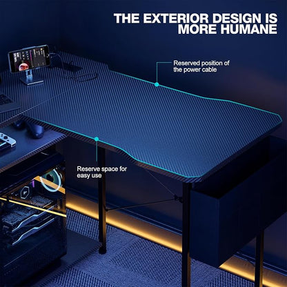 Acrolix L Shaped Gaming Desk 48 Inch - Computer Corner Desk with Power Outlets, Reversible Shelves & Storage Bag for Home Office, PC Gaming Table, Black Carbon