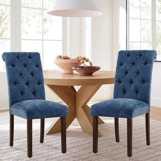 COLAMY Button Tufted Dining Chairs Set of 4, Parsons Upholstered Fabric Dining Room Chairs Kitchen Chairs with Wood Legs and Padded Seat, Blue