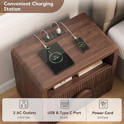 23" Wide Fluted Nightstands Set of 2, Mid Century Bedside Tables with Charging Station, Wood End Table with 2 Drawers and Open Shelf for Bedroom, Home Office, Walnut