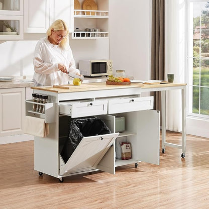 ONBRILL Kitchen Islands with Extendable Dining Table, 81.7" Mobile Kitchen Storage Islands, Rolling Kitchen Cart with Trash Cabinet, Power Outlet, Spice Rack & Towel Rack, White