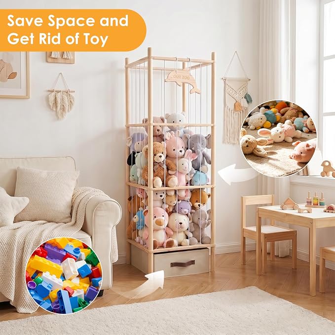 Stuffed Animal Storage Tower, 4-Tier Wooden Stuffed Animal Organizer Holder, Plushies Storage with Two Wooden Cute Zoo Signs for Nursery Playroom Bedroom