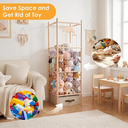 Stuffed Animal Storage Tower, 4-Tier Wooden Stuffed Animal Organizer Holder, Plushies Storage with Two Wooden Cute Zoo Signs for Nursery Playroom Bedroom