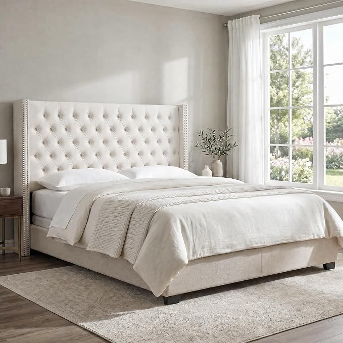 Madison Park Queen Wingback Upholstered Tufted Headboard, Featuring High-Density Sponge Padding, Adjustable Height Headboard, Easy Assembly, Beige Velvet