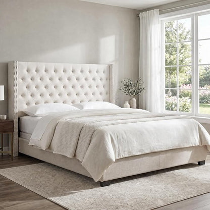 Madison Park Queen Wingback Upholstered Tufted Headboard, Featuring High-Density Sponge Padding, Adjustable Height Headboard, Easy Assembly, Beige Velvet