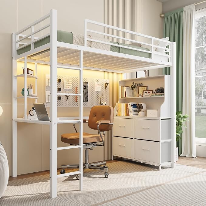 Twin Size Loft Bed with Desk, 4 Large Fabric Drawers and Open Shelves, Heavy Duty Metal Loft Bed with LED Lights, Power Outlets, Safety Guardrails & Ladder, Space Saving, No Box Spring Needed, White