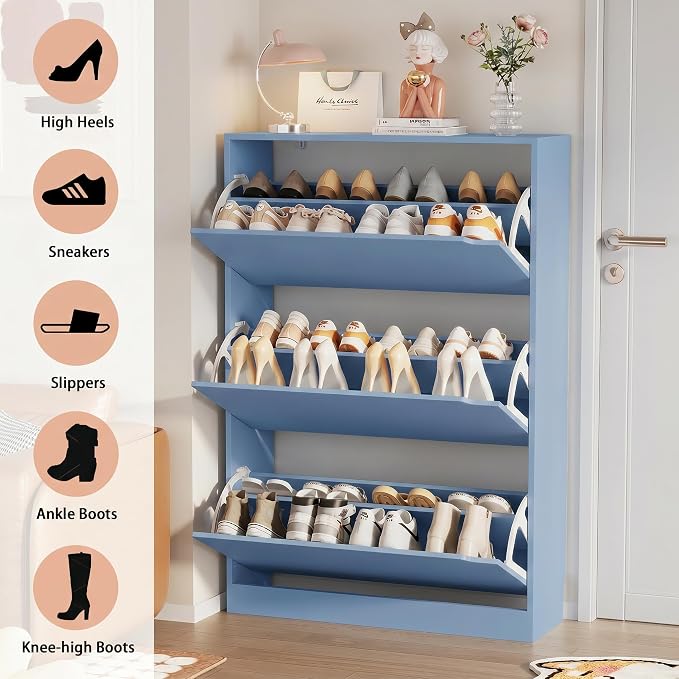 Shoe Storage Cabinet, Wood Shoe Organizer for Entryway with 3 Flip Drawers, Freestanding Shoe Rack with Adjustable Shelf, Narrow Shoe Dresser for Front Door Entrance (Blue, Standard 3 Drawers)