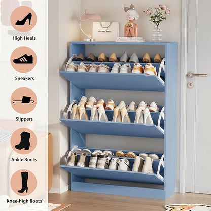 Shoe Storage Cabinet, Wood Shoe Organizer for Entryway with 3 Flip Drawers, Freestanding Shoe Rack with Adjustable Shelf, Narrow Shoe Dresser for Front Door Entrance (Blue, Standard 3 Drawers)