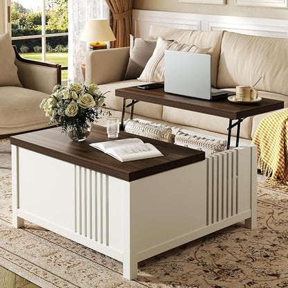 knoworld Farmhouse Lift Top Coffee Table with Storage, 35" Square Large Coffee Table with Hidden Compartment, Rustic Wood Center Table for Living Room, White