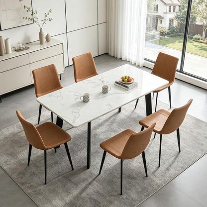 47.2"-63" Extendable Dining Room Table Set for 4-8 People, White | Removable Extension Leaf, Durable MDF Rectangle Tabletop, 6 Brown Sleek Faux Leather Chairs, Heavy Duty Modern Kitchen Table