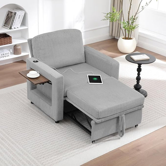 3 in 1 Folding Convertible Sleeper Sofa Bed Pull Out Couch with Side Pockets USB Port Side Table Single Sofa Bed with Adjustable Backrest for Living Room Bedroom 66" LIGHTGREY 1 SEAT