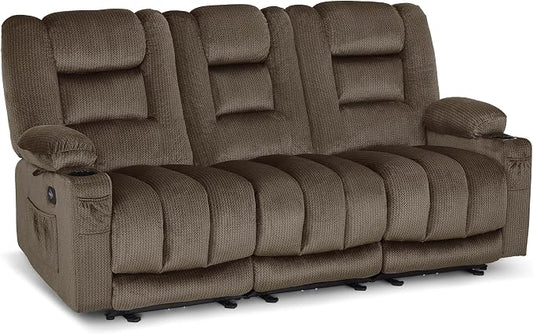 MCombo Zero Gravity Power Reclining Sofa with Heat and Vibration Massage, 3 Seater Reclining Couch with USB Ports, Cup Holders for Living Room, Fabric PR648SET (Dark Brown)