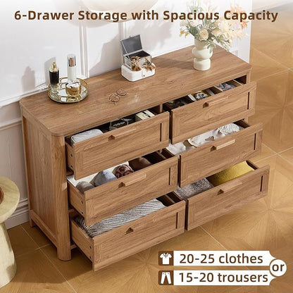 Joaxswe Farmhouse 6 Drawer Dresser for Bedroom, Horizontal Dressers with 6 Deep Drawers & 4 Thickened Table Legs, Brown