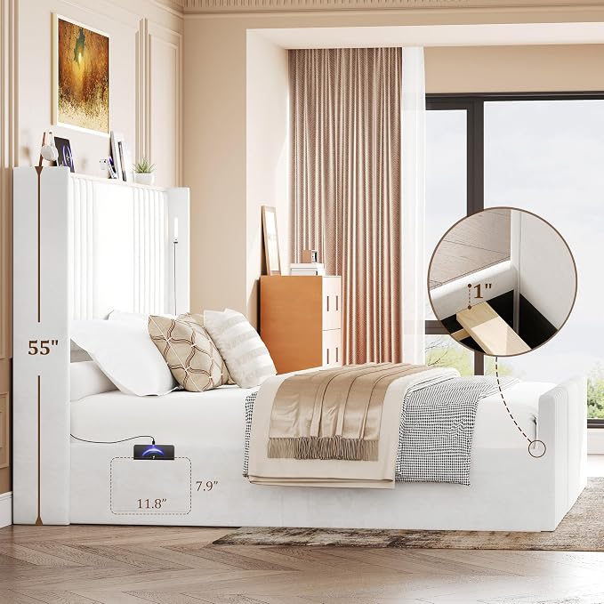 King Size Bed Frame with 55.1" Tall Headboard, Velvet Upholstered Platform Bed with Channel Tufted Wingback, 2 Reading Lights/Storage Shelf/Charging Station/Easy Assembly/Noise-Free, Cream