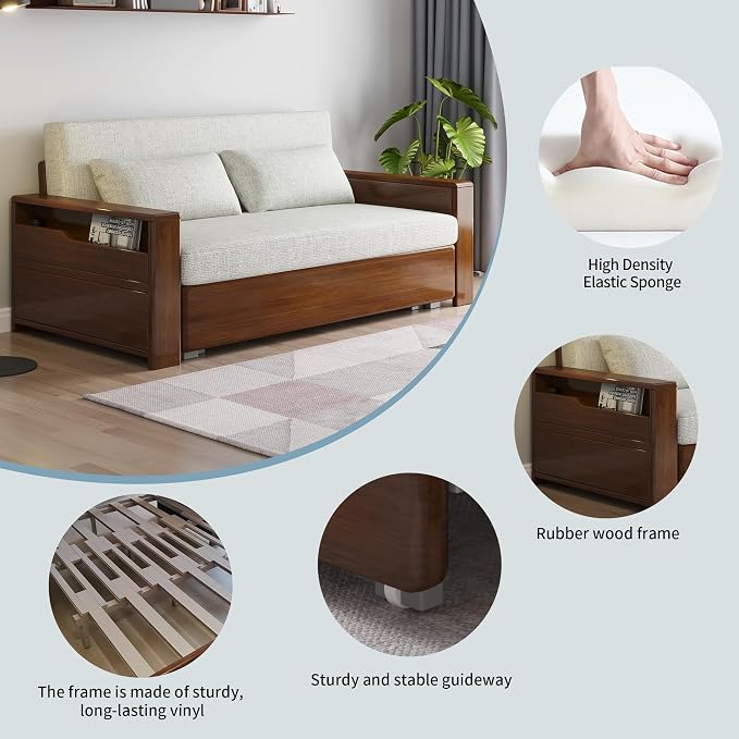 59" 3 in 1 Convertible Sleeper Sofa with Storage, Grey Soft Cushion Sectional Couch, Reversible Chaise, Walnut Wood Frame Pull-Out Bed for Living Room, Apartment, Office