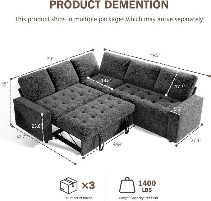Sunny Heart 5-Seat Modular Sleeper Sofa with Pull-Out Bed & Storage, L-Shaped Chenille Sectional Couch, Reclining Backrest & USB Charging for Living Room,Guest Room Dark Grey