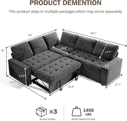 Sunny Heart 5-Seat Modular Sleeper Sofa with Pull-Out Bed & Storage, L-Shaped Chenille Sectional Couch, Reclining Backrest & USB Charging for Living Room,Guest Room Dark Grey