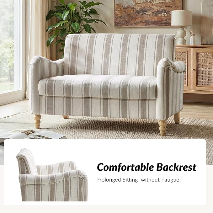 HULALA HOME 50.5" Loveseat Sofa with Stripe Pattern, 2 Seater Farmhouse Sofa with Rolled Wide Armrests and Rubber Wood Legs, Comfy Upholstered Small Couch for Living Room Bedroom, Tan