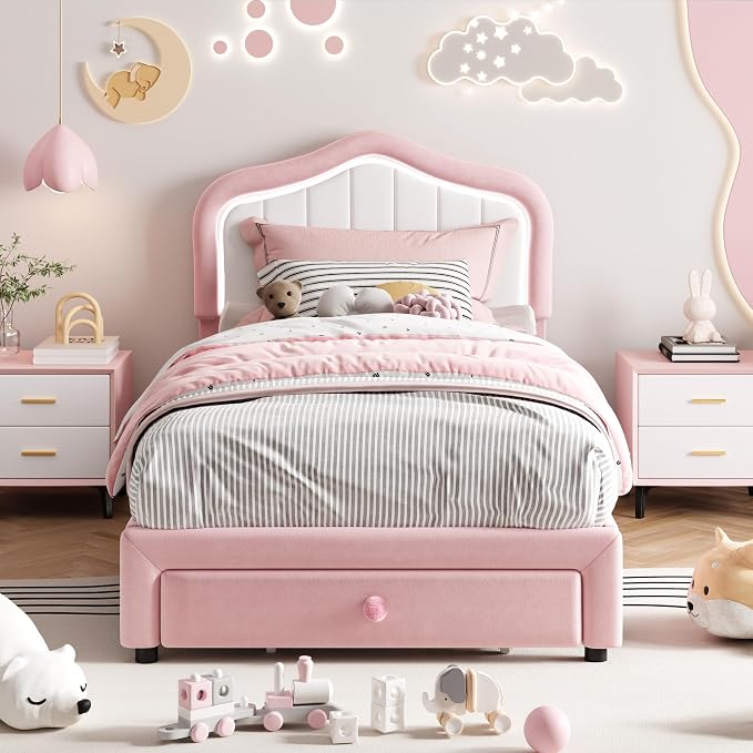 Twin Upholstered Bed Frame With Storage Drawer and Smart Led Headboard, Princess Twin Size Platform Bed Frames for Kids/Girls, Wooden Slats Support, No Box Spring Needed, Easy Assembly, Pink
