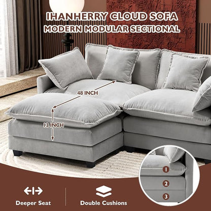 Ihanherry 77" L Shaped Modern Sofa Modular Sectional Cloud Couch with Ottoman, 3-Seat Chenille Deep Seat Sofa with Pillow for Living Room, Bedroom and Apartment, Grey