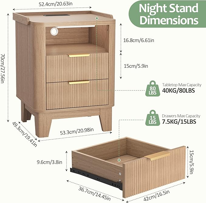 Turosur Night Stand with Charging Station, Fluted NightStand with LED Light and 2 Drawers, Wood Bedside Table with Open Storage, Modern