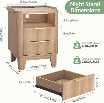 Turosur Night Stand with Charging Station, Fluted NightStand with LED Light and 2 Drawers, Wood Bedside Table with Open Storage, Modern
