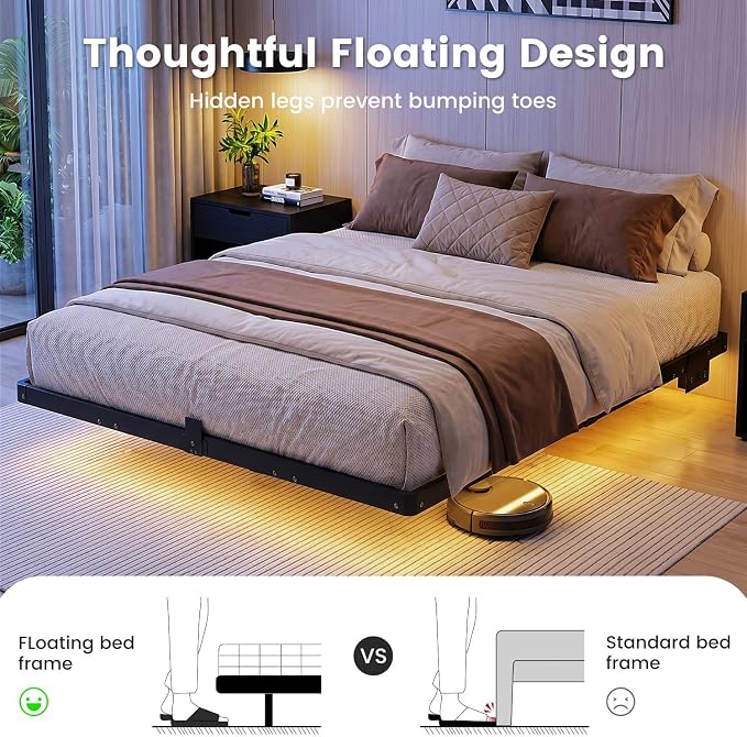 Liians Full Size Modern Floating Bed Frame with Smart LED Lights, USB Charging Station, Sturdy Metal Platform, No Box Spring Needed, and Easy Assembly