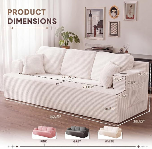 Homall 87” Boneless Sofa Couch with 2 Pillows Extra Deep Seats, Corduroy Fabric 3 Seater with Cup Holder & Storage Pocket Upholstered Floor Easy Installation (White, 3 Seater)