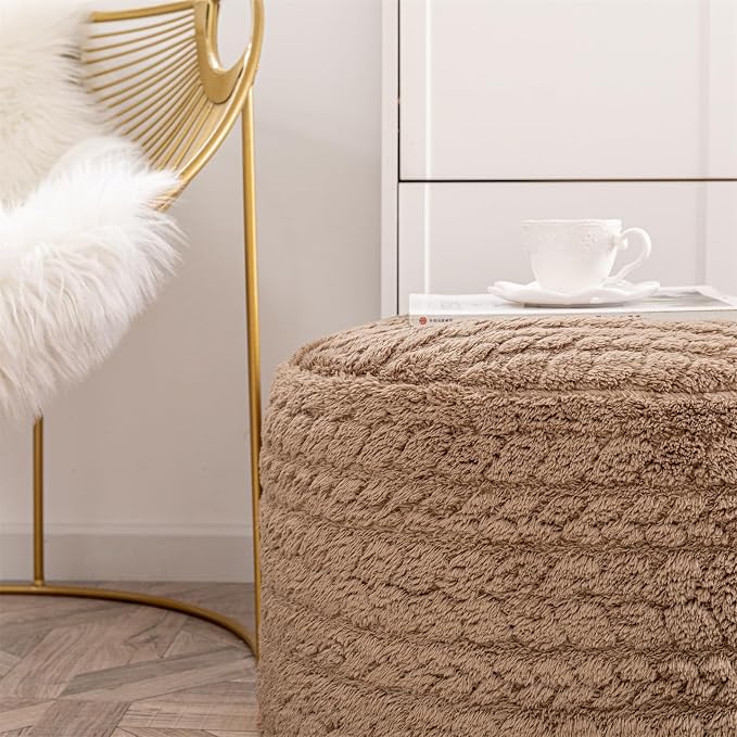 Round Pouf Ottoman 20 x 20 x 14 Inches Boho Poof Home Decor Floor Pouffe Ottoman Foot Rest for Couch Sofa Bean Bag Chairs Living Room Bedroom (Tan)