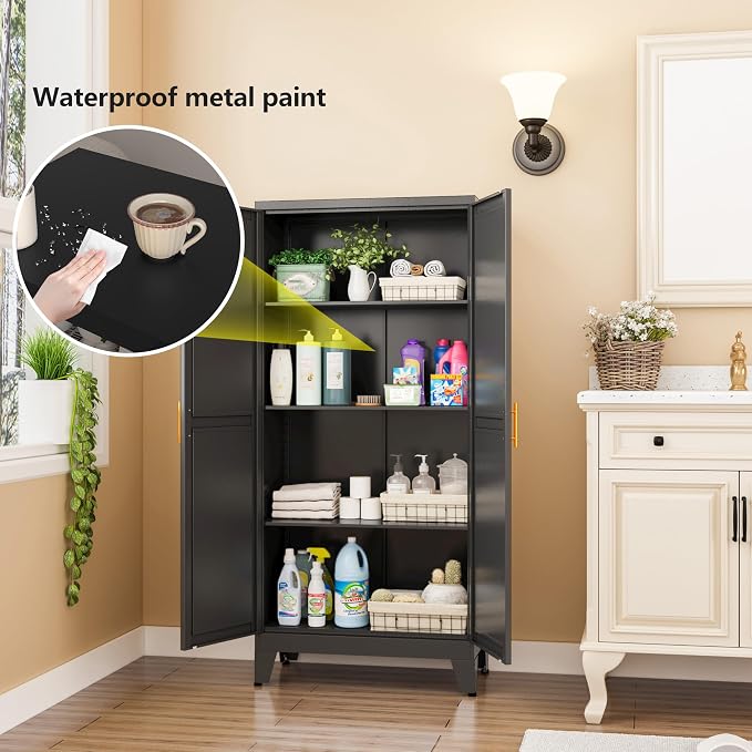Black Metal Storage Cabinet, 48" Steel Cabinets for Home Office | Kitchen Pantry Storage Cabinet with Doors and 3 Adjustable Shelves, for Office, Home, Garage, School
