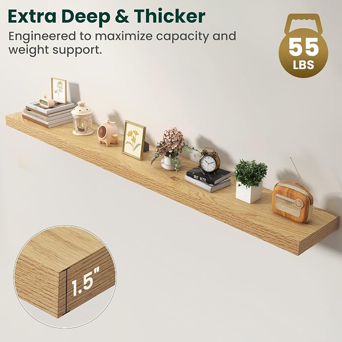 Floating Shelves for Wall, 72 Inch x 8 Inch Deep Wall Mounted Wood Shelf with Invisible Brackets for Storage & Display, Living Room Bedroom Kitchen, Oak, Set of 2