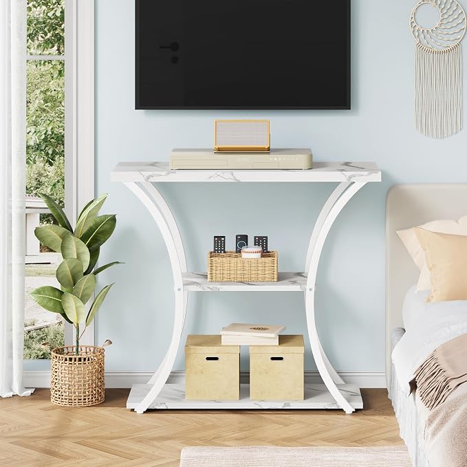 Hoctieon 3 Tier Console Table with Open Wood Shelves, Decorative Entryway Table with Curved Metal Frames, Narrow Sofa Table for Entrance, Living Room, Hallway, White Marbled