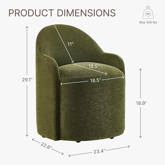 KISLOT Upholstered Dining Chairs with Casters, No Assembly Modern Dining Room Chairs Accent Vanity Chair with 5 Wheels & Round Backrest for Bedroom, Living Room, Dressing, Green Fabric, Set of 1