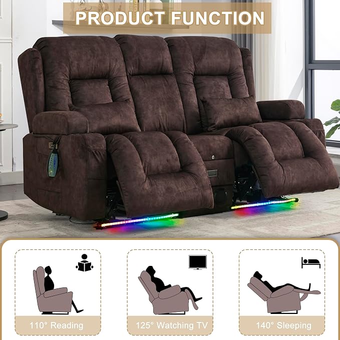 URRED Power Loveseat Recliner Sofa with Massage and Heat, Wall Hugger Reclining Loveseat with Console, RV Couch Home Theater Seating with LED Lights for Living Room (Brown, 67" - 2 Seats)