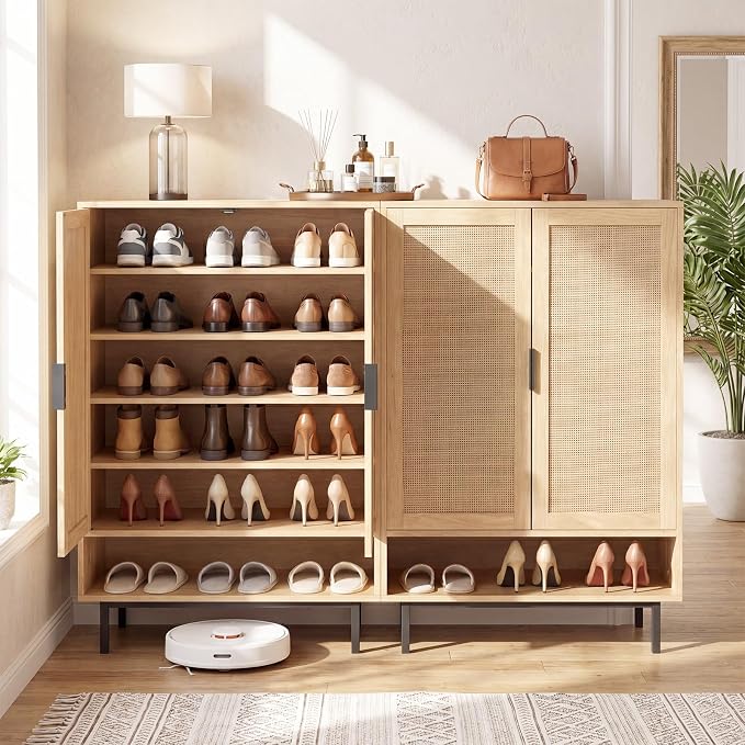 LOKO Shoe Storage Cabinet with 2 Doors, 6-Tier Rattan Shoe Organizer with Adjustable Shelves & Open Compartment, Freestanding Hidden Shoe Cabinet for Entryway, Closet & Living Room (Natural)
