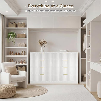 White 8 Drawer Dresser for Bedroom, 55" Wide Fluted Chest of Drawers with Gold Metal Handles, Modern Wooden Dresser, Closet Storage Organizer Mid Century TV Stand for Living Room Hallway