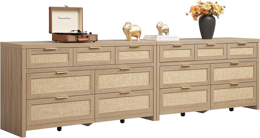 SICOTAS 7 Drawer Dressers for Bedroom Set 2, Long Rattan Dresser, Dresser TV Stand, Closet Organizer Chest of Drawers, Clothes Storage Dressers (Reclaimed Light Oak, 7 Drawers (2 pcs))