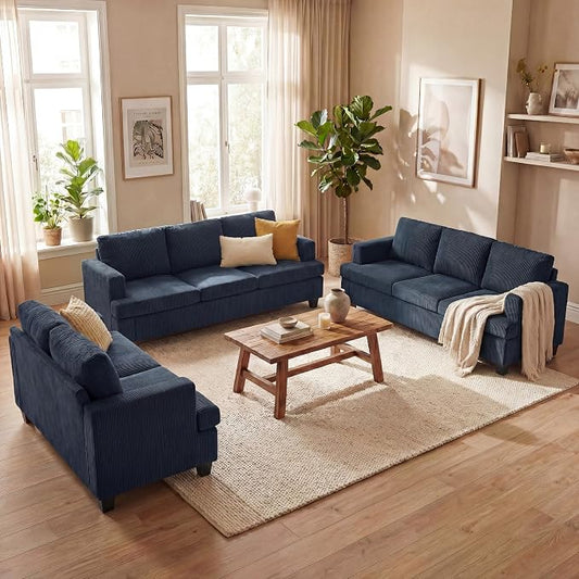 YOUDENOVA Sofa, 3 Piece Set Comfy Sofa, Loveseat & 2 3-Seater Couch with Deep Seats for Living Room, Modern Sleeper Couch, Blue Corduroy