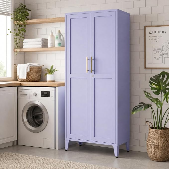 Lockable 61 Inch Tall Metal Storage Cabinet with Adjustable Shelves,4-Tier Steel Storage Locker,2-Door Metal Display Cabinet for Bedroom,Living Room, Home Office Purple